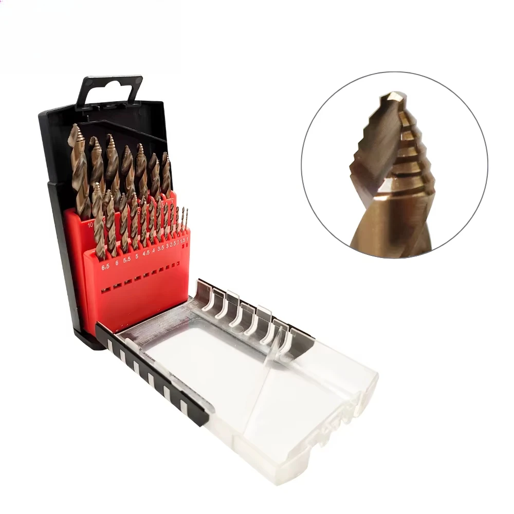 19PCS Stepped Point Cobalt Drill Bit Set, 1- 10mm DIN338 Heavy Duty M35 HSS Co5% Fast Drilling for Stainless Steel Metal Sheet
19PCS Stepped Point Cobalt Drill Bit Set, 1- 10mm DIN338 Heavy Duty M35 HSS Co5% Fast Drilling for Stainless Steel Metal Sheet