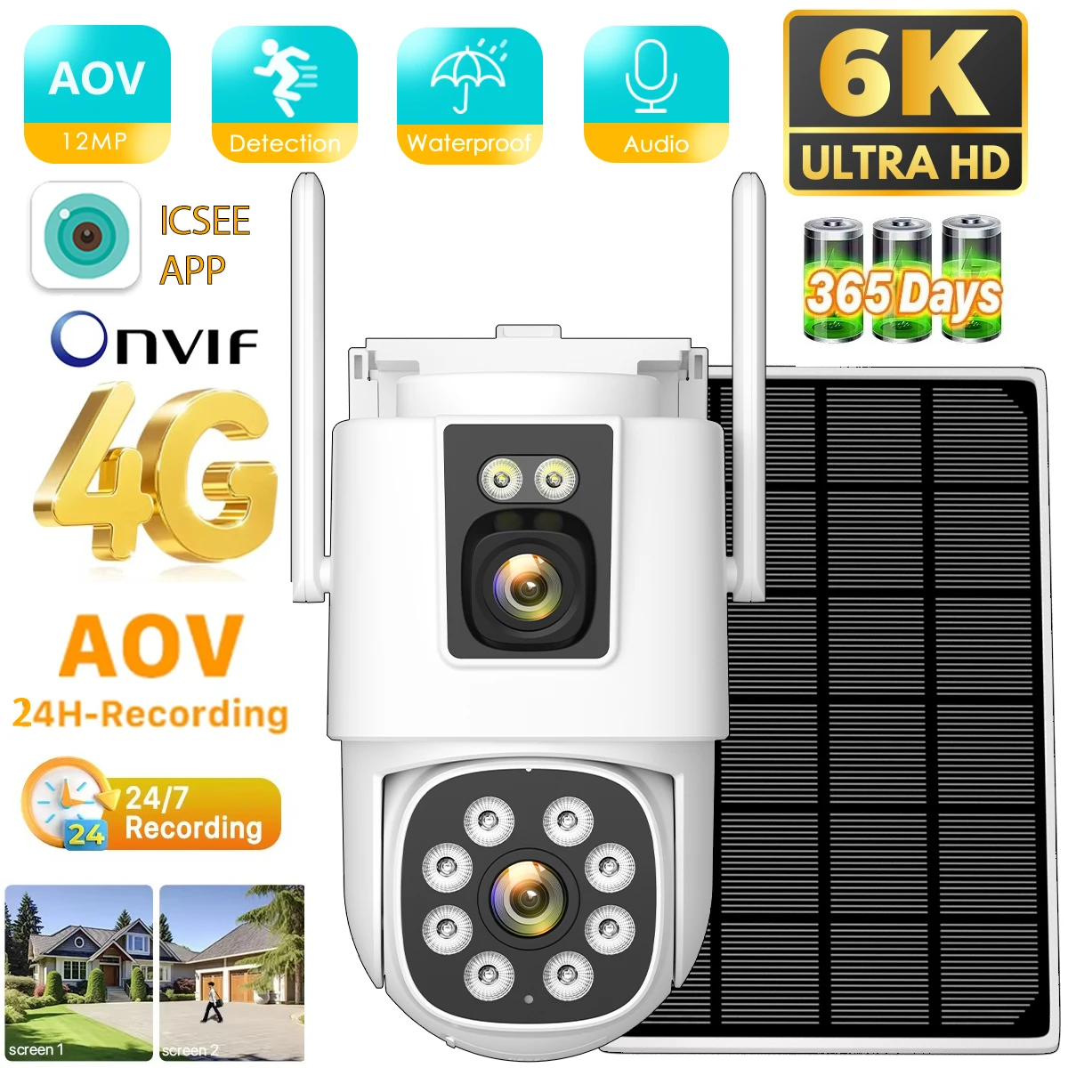BESDER AOV 4G Солнечная камера Встроенный аккумулятор 24 часа записи 12MP6K Двойной экран WIFI Cam PIR Обнаружение 5 Вт Солнечная панель 12000 мАч iCSee 
BESDER AOV 4G Солнечная камера Встроенный аккумулятор 24 часа записи 12MP6K Двойной экран WIFI Cam PIR Обнаружение 5 Вт Солнечная панель 12000 мАч iCSee