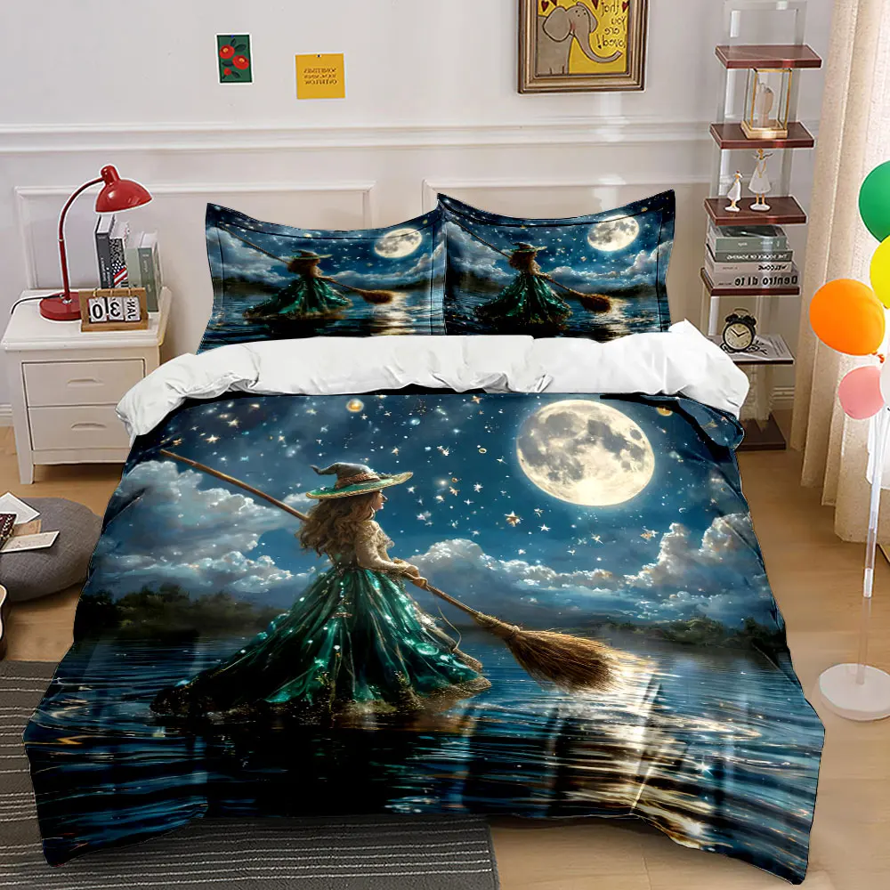 3Pcs Magical Witch Bedding Set,Young Witch on a Broom Under the Moon Print Duvet Cover + 2 Pillowcases,Fantasy Halloween Decor
3Pcs Magical Witch Bedding Set,Young Witch on a Broom Under the Moon Print Duvet Cover + 2 Pillowcases,Fantasy Halloween Decor