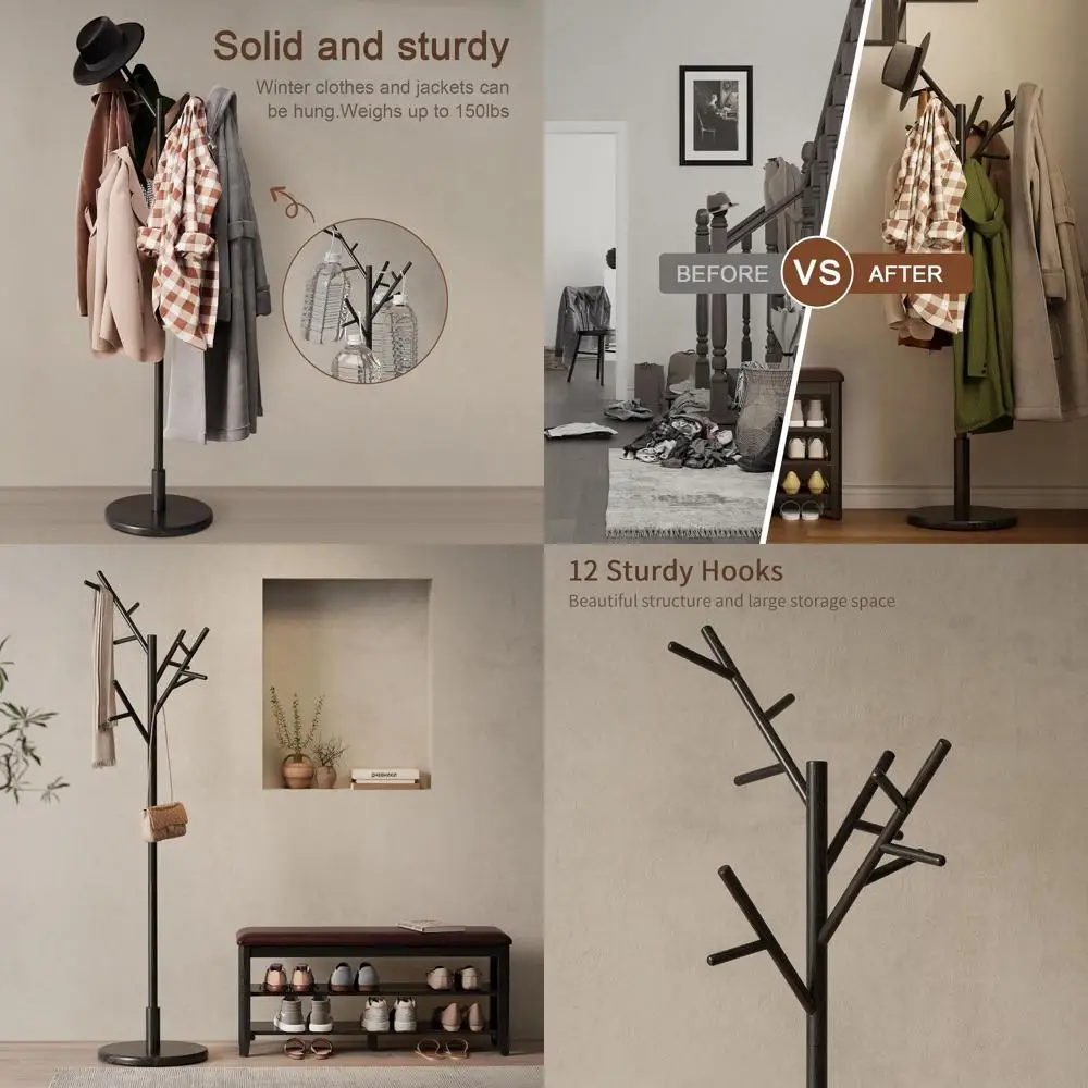 12-Hook Solid Wood Coat Stand with Adjustable Heights for Entryway, Bedroom, and More (Black)
12-Hook Solid Wood Coat Stand with Adjustable Heights for Entryway, Bedroom, and More (Black)