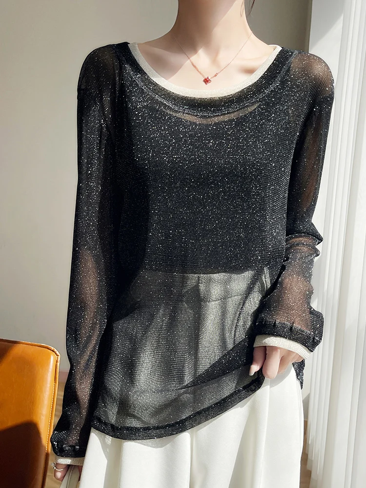 Women Summer Sunscreen T-shirt M-2XL Gold and Silver thread Mesh Fake Two Pieces Tee Female See Through Look Long Sleeve Loose T
Women Summer Sunscreen T-shirt M-2XL Gold and Silver thread Mesh Fake Two Pieces Tee Female See Through Look Long Sleeve Loose T