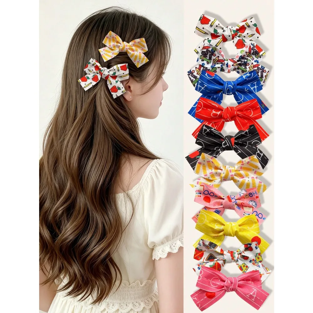 5pcs/10pcs Sweet Colorful Bow Hair Clips For Girls, Bow Fabric Hairpins With Pencil, Apple And Letter Patterns, Suitable For Back To School Season Hair Accessories, Cute Versatile Simple Hair Clips For Young Girls, Fresh Hair Ornaments
5pcs/10pcs Sweet Colorful Bow Hair Clips For Girls, Bow Fabric Hairpins With Pencil, Apple And Letter Patterns, Suitable For Back To School Season Hair Accessories, Cute Versatile Simple Hair Clips For Young Girls, Fresh Hair Ornaments
