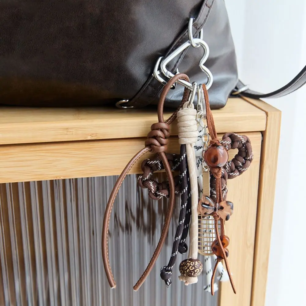 Acrylic Beaded Mobile Phone Lanyards Racket Handmaking Woven Ropes Car Keychain Y2k Trinket Braided Rope Keyring