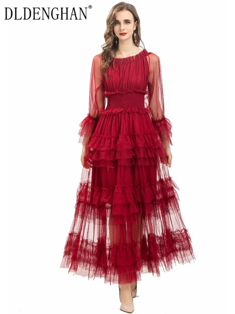 DLDENGHAN Women Mesh Dress Slash Neck Flare Sleeve Ruffle Dot Pattern Elegant Party Elastic Waist Long Dress Designer Autumn New
DLDENGHAN Women Mesh Dress Slash Neck Flare Sleeve Ruffle Dot Pattern Elegant Party Elastic Waist Long Dress Designer Autumn New