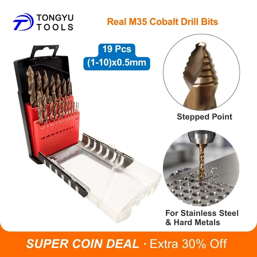 Cobalt Drill Bit Set Stepped Point DIN338 Metric M35 HSS Co5% Jobber Twist Bit for Stainless Steel Hard Metals Cast Iron
Cobalt Drill Bit Set Stepped Point DIN338 Metric M35 HSS Co5% Jobber Twist Bit for Stainless Steel Hard Metals Cast Iron