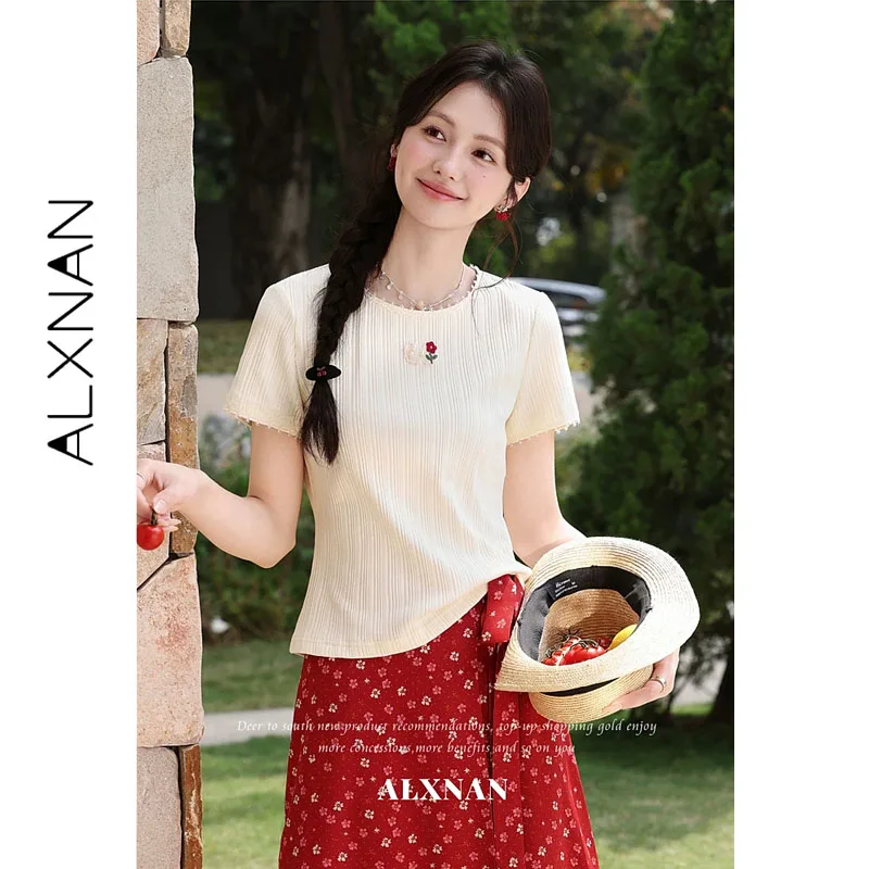 ALXNAN Crew Neck Ruffled T-shirt with 3D Flower Pearl Decoration Minimalist Tees 2026 Summer Fashion Casual Tops Ladies L63718
ALXNAN Crew Neck Ruffled T-shirt with 3D Flower Pearl Decoration Minimalist Tees 2026 Summer Fashion Casual Tops Ladies L63718