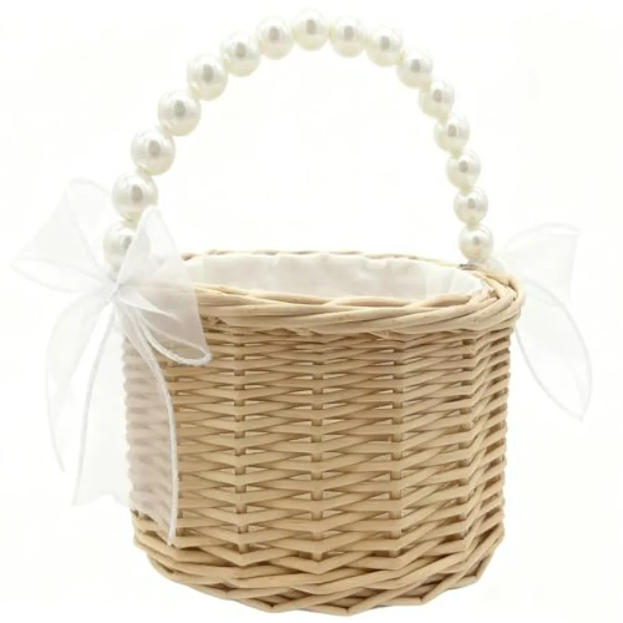 Wedding Flower Girl Basket with Bow, Pearl Handle Flower Basket, Cute Handwoven Wicker Rattan Basket and Home Decor
Wedding Flower Girl Basket with Bow, Pearl Handle Flower Basket, Cute Handwoven Wicker Rattan Basket and Home Decor
