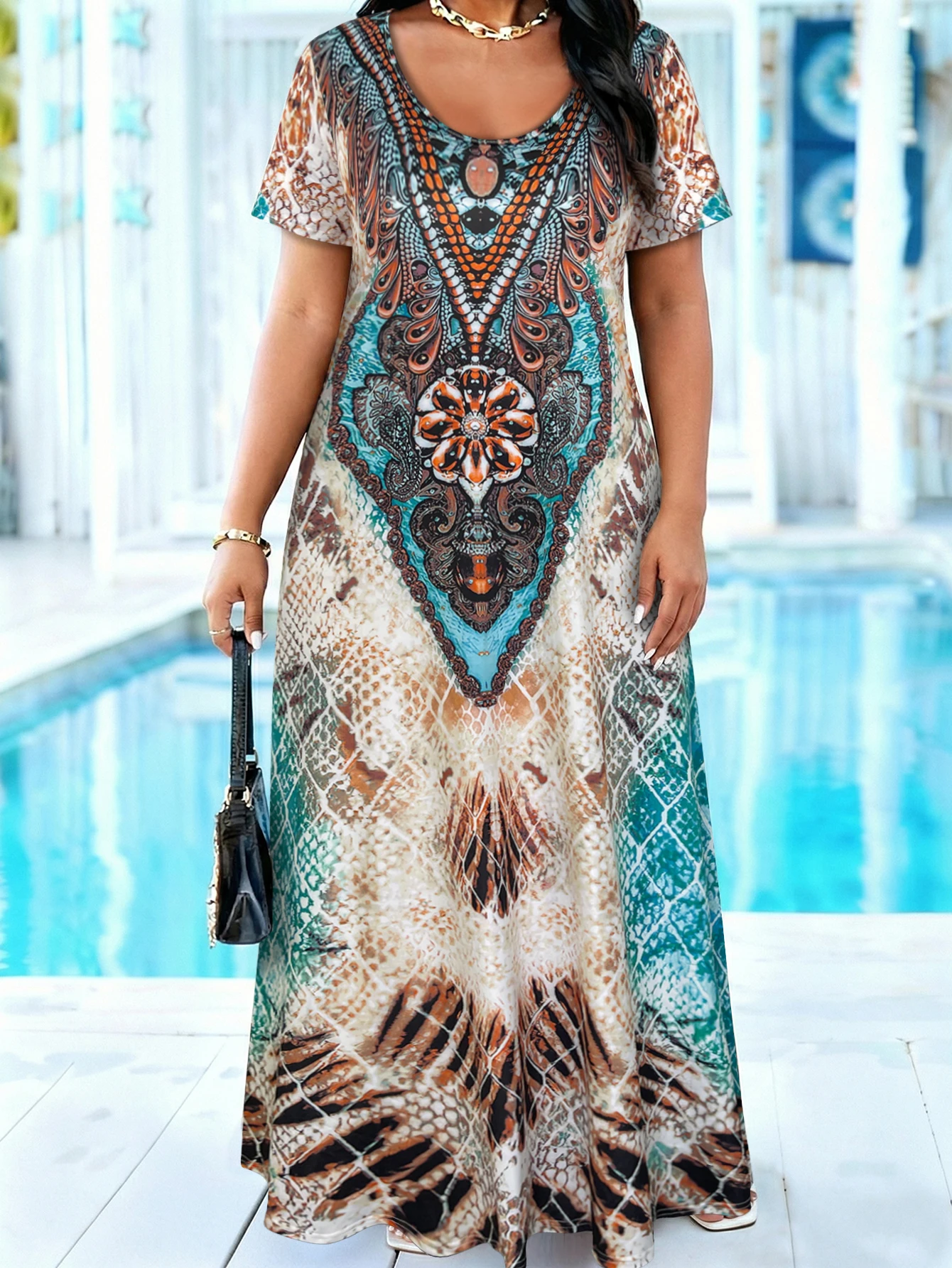 Plus Size Ethnic Print Short Sleeve Maxi Dress, round Neck Loose Casual Sundress With Side Pockets,Beach Vacation Long Dress
Plus Size Ethnic Print Short Sleeve Maxi Dress, round Neck Loose Casual Sundress With Side Pockets,Beach Vacation Long Dress