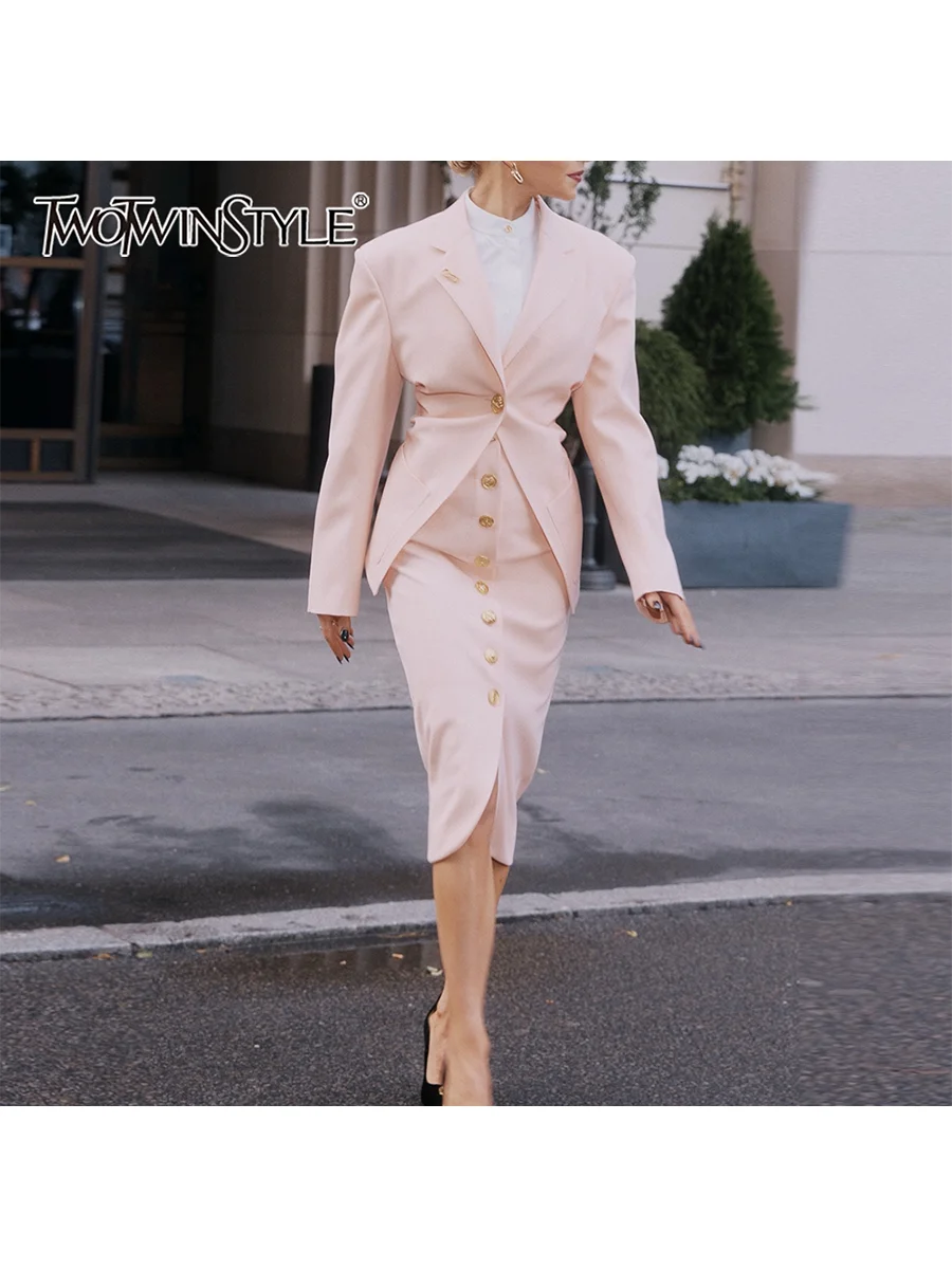 TWOTWINSTYL Solid Slimming Two Piece Sets for Women Lapel Long Sleeve Blazer High Waist Spliced Single Breasted Skirt Set Female
TWOTWINSTYL Solid Slimming Two Piece Sets for Women Lapel Long Sleeve Blazer High Waist Spliced Single Breasted Skirt Set Female