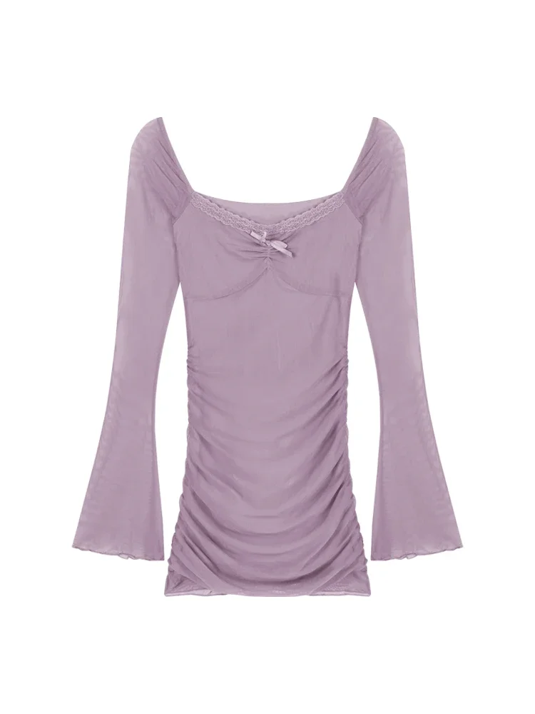 Mesh long-sleeved dress women's sexy purple u-neck off-the-shoulder skirt tight hip-wrap skirt
Mesh long-sleeved dress women's sexy purple u-neck off-the-shoulder skirt tight hip-wrap skirt