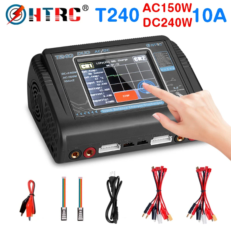 HTRC Lipo Charger T240 DUO AC 150W DC 240W 10A Touch Screen Dual Channel Battery Balance Charger Discharger For RC Toys
HTRC Lipo Charger T240 DUO AC 150W DC 240W 10A Touch Screen Dual Channel Battery Balance Charger Discharger For RC Toys