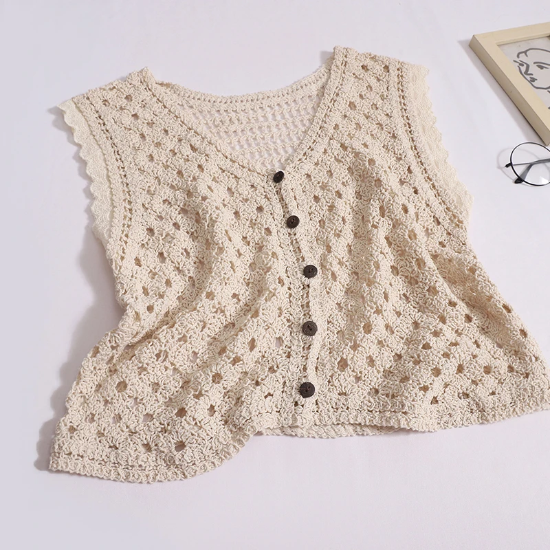 Винтажный вязаный крючком жилет ITOOLIN с ажурным узором, однобортный тонкий кардиган, свободный топ без рукавов с V-образным вырезом, однотонный
Винтажный вязаный крючком жилет ITOOLIN с ажурным узором, однобортный тонкий кардиган, свободный топ без рукавов с V-образным вырезом, однотонный