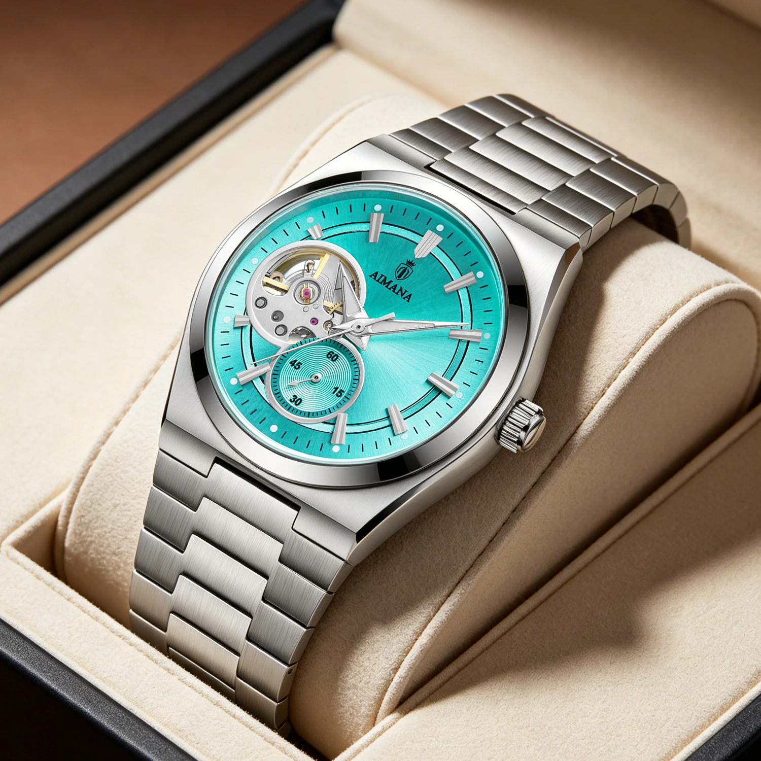 AIMANA Men Automatic Mechanical Watch Tiffany Blue Sunburst Dial Hollow Skeleton Stainless Steel Bracelet Luminous Hands Waterpr
AIMANA Men Automatic Mechanical Watch Tiffany Blue Sunburst Dial Hollow Skeleton Stainless Steel Bracelet Luminous Hands Waterpr