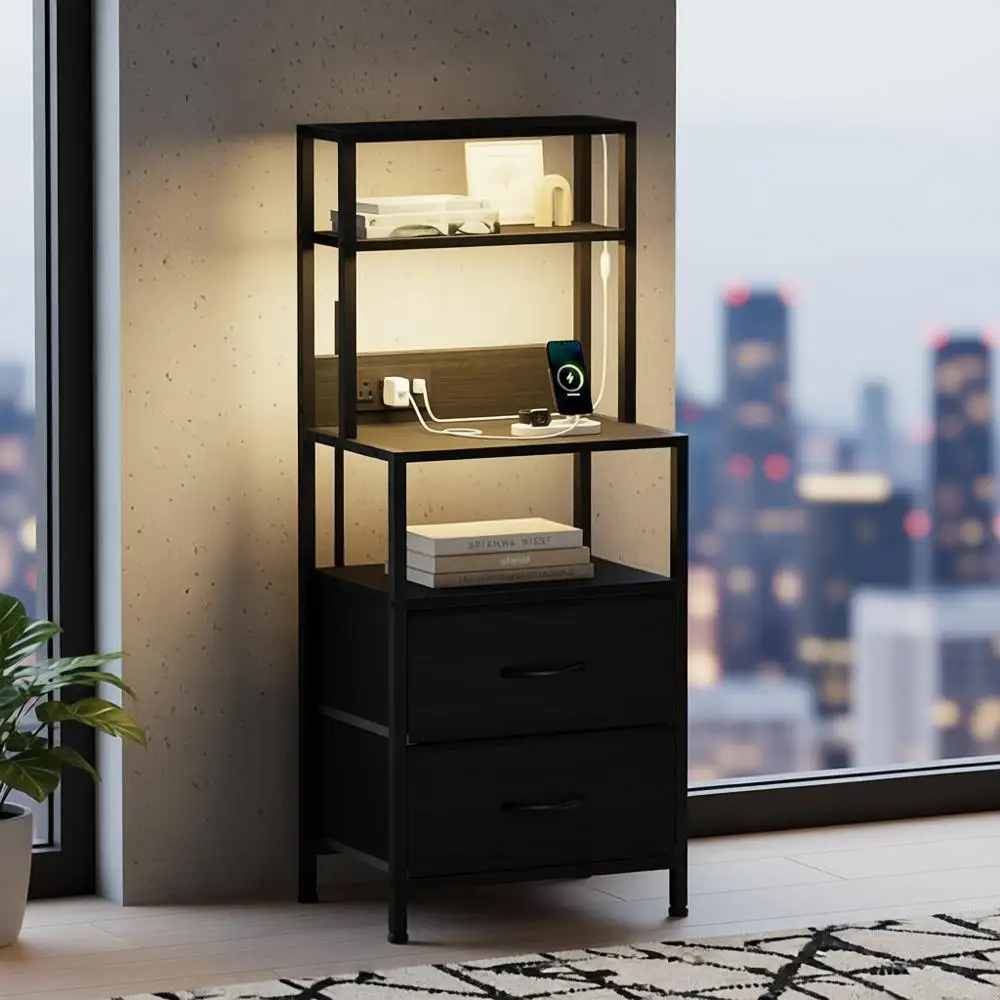 Night Stand, Tall Nightstand with 4-Tier Shelves, 2 Fabric Drawers and Light Tube, Bed Side Tables with Charging Station, Bedsid
Night Stand, Tall Nightstand with 4-Tier Shelves, 2 Fabric Drawers and Light Tube, Bed Side Tables with Charging Station, Bedsid