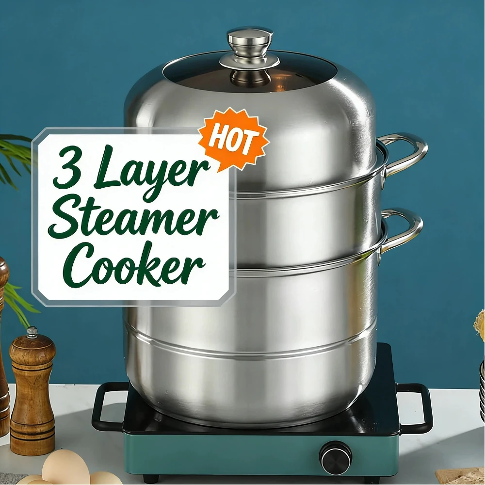Even Heating Stainless Steel Steamer Pot 410 SS Steamer Basket Three-Layer Bottom Soup Cooker Drip-Proof Lid for Induction Gas E
Even Heating Stainless Steel Steamer Pot 410 SS Steamer Basket Three-Layer Bottom Soup Cooker Drip-Proof Lid for Induction Gas E
