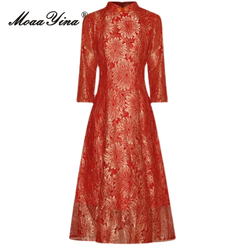 MoaaYina Spring Fashion Designer Red Vintage Party Dress Women's Stand Collar Button Bronzing Printing A-LINE Slim Long Dress
MoaaYina Spring Fashion Designer Red Vintage Party Dress Women's Stand Collar Button Bronzing Printing A-LINE Slim Long Dress