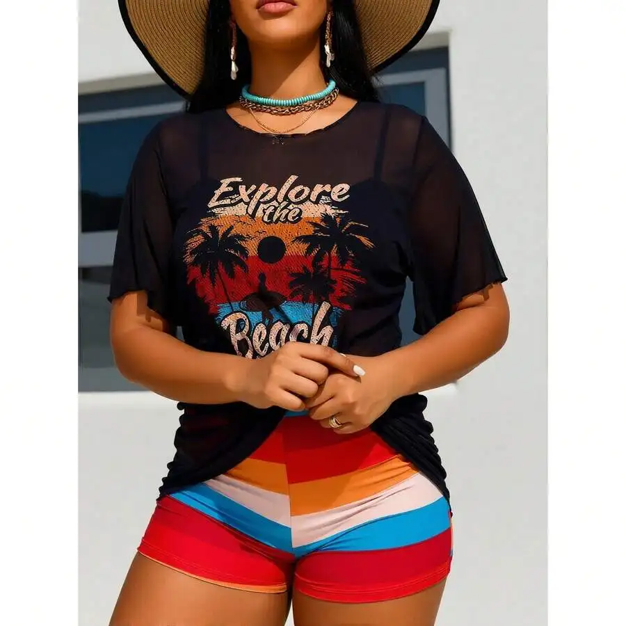Womens 3 Piece Swimsuit With Mesh Cover Up And Colorful Shorts
Womens 3 Piece Swimsuit With Mesh Cover Up And Colorful Shorts