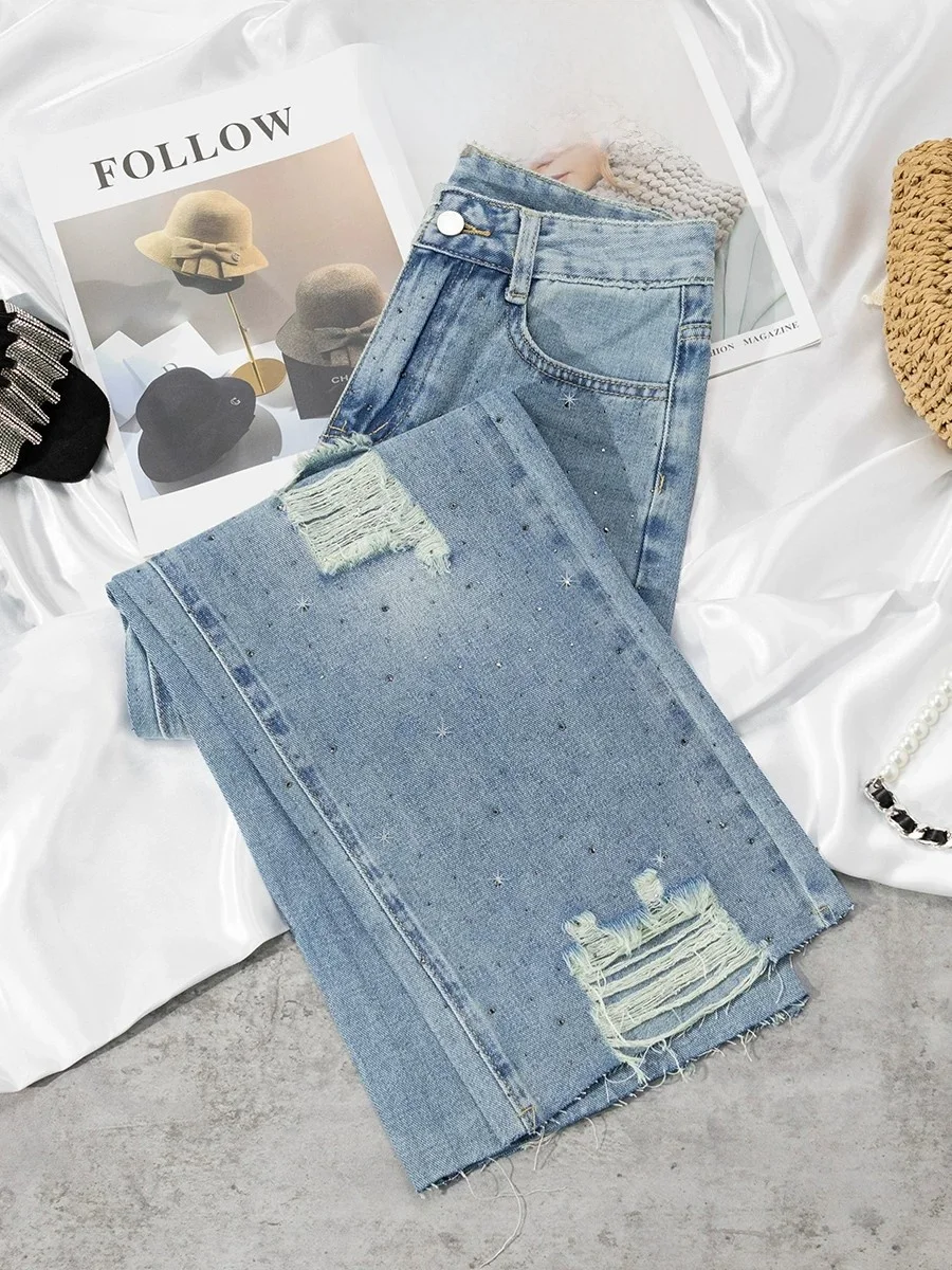 High Waist Slimming Vintage Hole Straight Leg Jeans Women's Summer New Style Glittering Nine Points Slim Fit Casual Jeans
High Waist Slimming Vintage Hole Straight Leg Jeans Women's Summer New Style Glittering Nine Points Slim Fit Casual Jeans