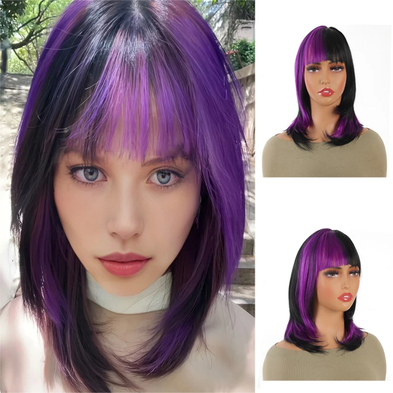 Purple cliffed-dyed false hair, black and purple bangs, lolita women's full head cover, medium to long collarbone hair
Purple cliffed-dyed false hair, black and purple bangs, lolita women's full head cover, medium to long collarbone hair