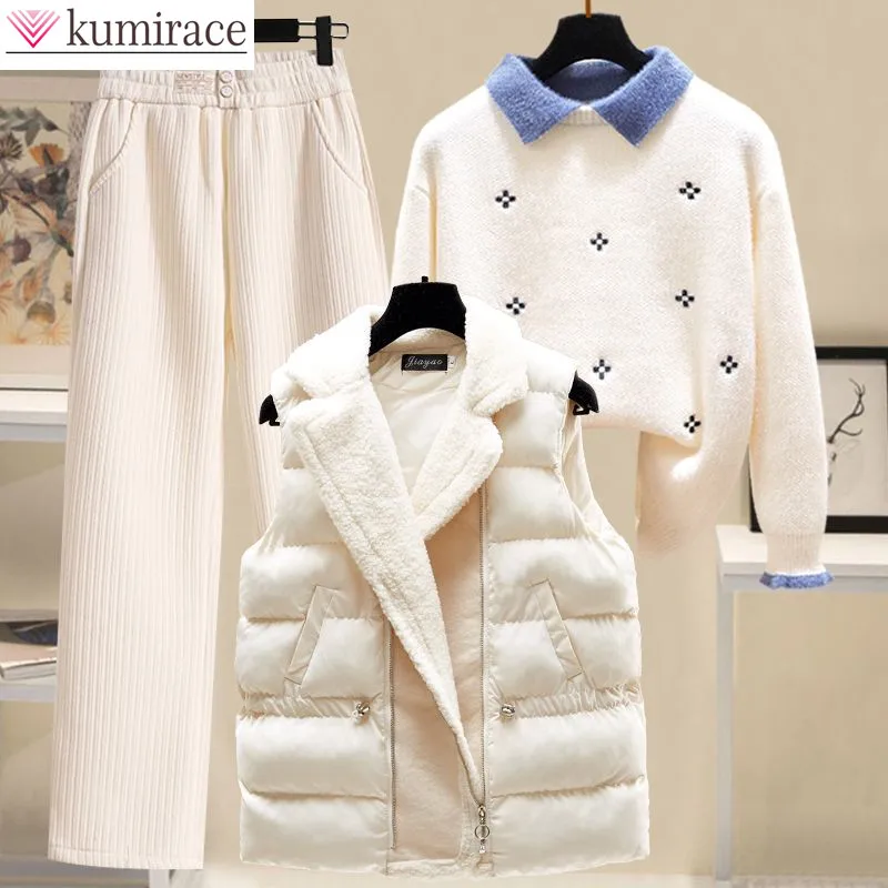 Winter New Lamb Fleece Tank Top Long Sleeve Knitted Sweater Wide Leg Pants Three Piece Elegant Women's Pants Set Warm Outfits
Winter New Lamb Fleece Tank Top Long Sleeve Knitted Sweater Wide Leg Pants Three Piece Elegant Women's Pants Set Warm Outfits
