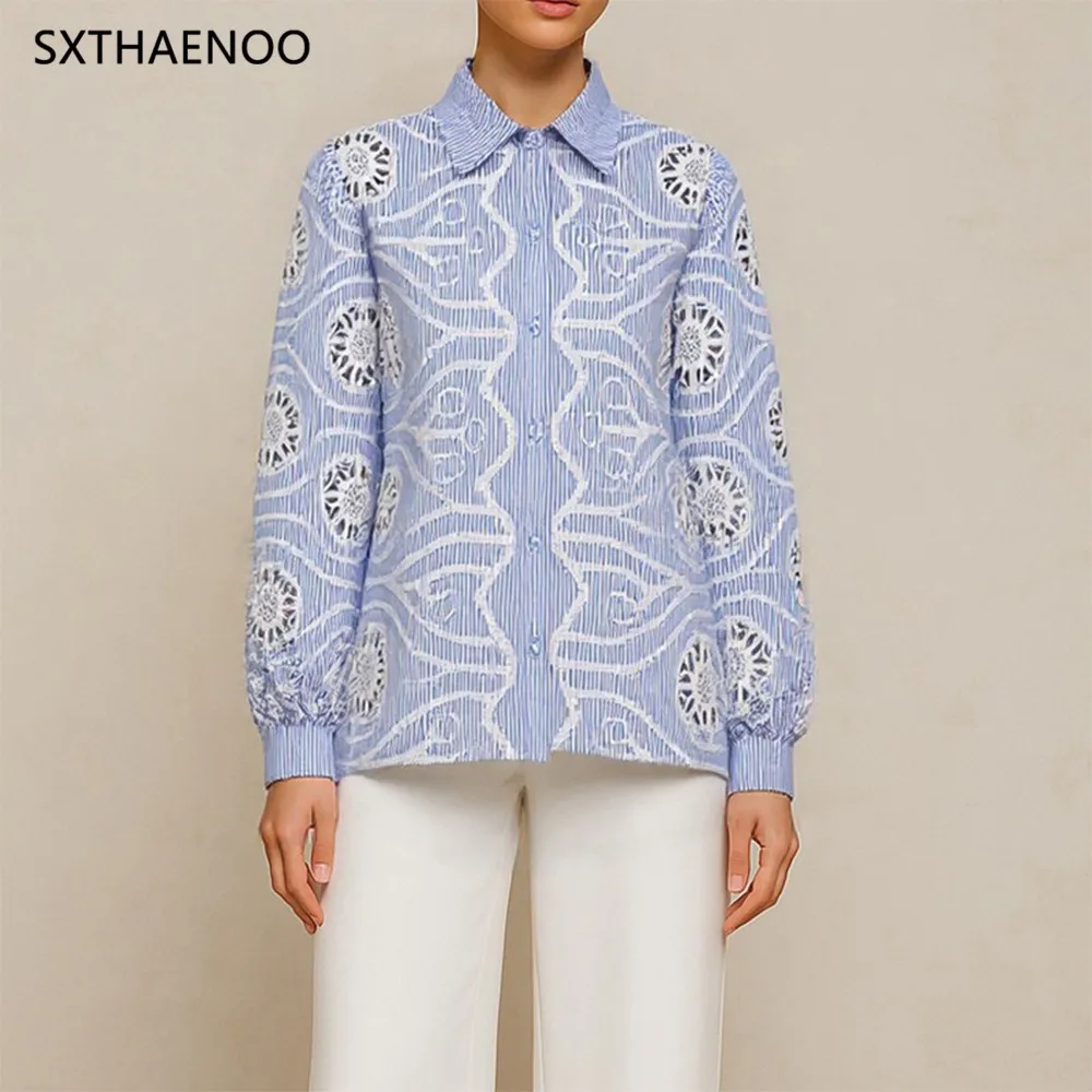 SXTHAENOO Hit Color Spliced Button Blouses For Women Lapel Long Sleeves Hollow Out Elegant Chic Shirt Female Fashion Style 2025
SXTHAENOO Hit Color Spliced Button Blouses For Women Lapel Long Sleeves Hollow Out Elegant Chic Shirt Female Fashion Style 2025