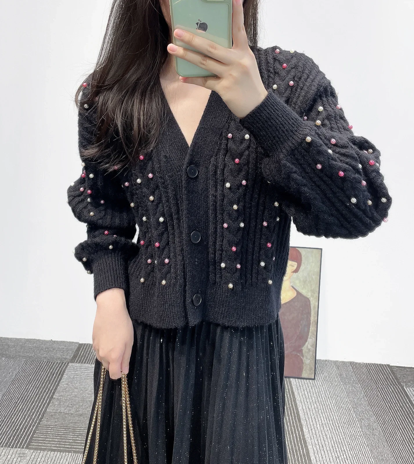 Women Black Knitted Cardigan Colorful Beadings Single Breasted V-Neck Long Sleeve Sweet Sweater
Women Black Knitted Cardigan Colorful Beadings Single Breasted V-Neck Long Sleeve Sweet Sweater