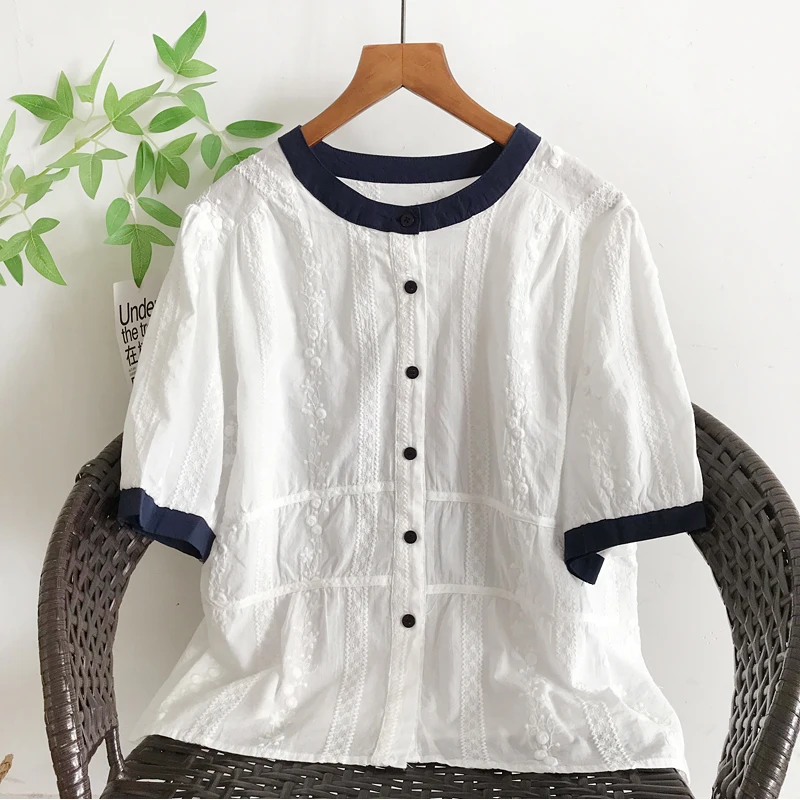 Japanese Sweet Mori Girl Embroidery Patchwork 100% Cotton Shirts Women Summer New O-Neck Short Sleeve Casual Loose Blouse Tops
Japanese Sweet Mori Girl Embroidery Patchwork 100% Cotton Shirts Women Summer New O-Neck Short Sleeve Casual Loose Blouse Tops