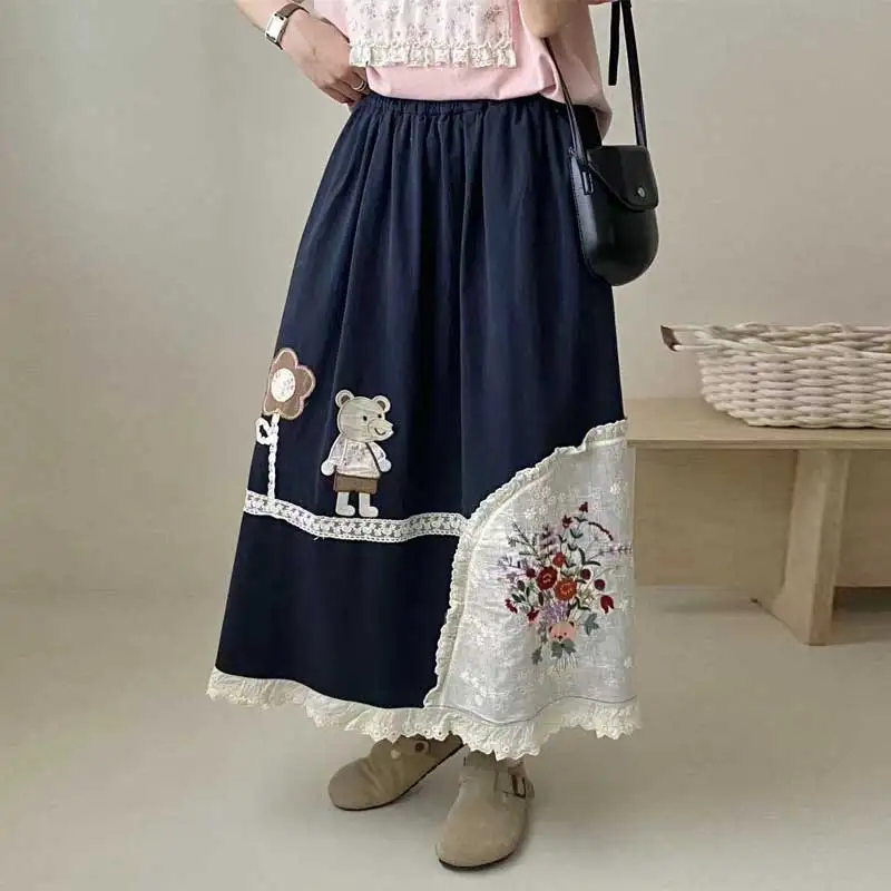 Mori Girl Kawaii Cartoon Bear Flower Embroidery Lace Patchwork Skirts Women Japanese Spring Elastic Waist Casual A-Line Skirt
Mori Girl Kawaii Cartoon Bear Flower Embroidery Lace Patchwork Skirts Women Japanese Spring Elastic Waist Casual A-Line Skirt
