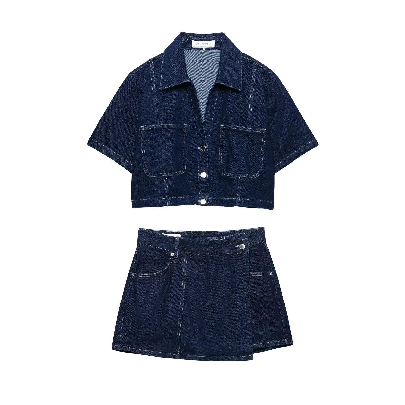 Ladies' new Fashion pocket decoration casual short denim shirt retro short sleeved button up women's shirt chic top+Skirts suit
Ladies' new Fashion pocket decoration casual short denim shirt retro short sleeved button up women's shirt chic top+Skirts suit