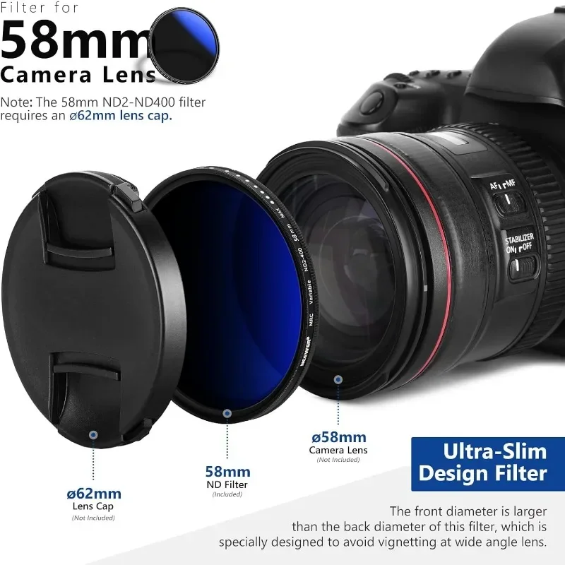 58mm Variable ND Filter ND2-ND400 (1-9 Stops), Neutral Density Filter, Multiple Coatings, Water and Scratch Resistant
58mm Variable ND Filter ND2-ND400 (1-9 Stops), Neutral Density Filter, Multiple Coatings, Water and Scratch Resistant