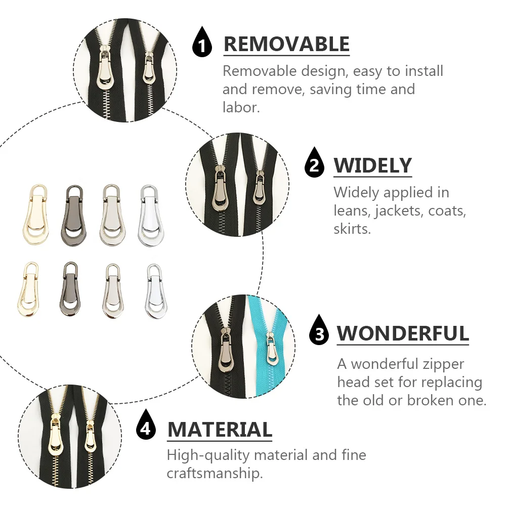 8Pcs Zipper Sliders Metal Pullers Bag Repair Kit Durable Easy Install Replacement Zipper Sliders Bag Repair Kit 
8Pcs Zipper Sliders Metal Pullers Bag Repair Kit Durable Easy Install Replacement Zipper Sliders Bag Repair Kit