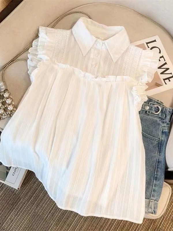 White Sleeveless Chiffon Shirt Women Summer Fashion Loose Slimming Lace Trim Fly Sleeve Vest Top French Style Loose Fit Shirt
White Sleeveless Chiffon Shirt Women Summer Fashion Loose Slimming Lace Trim Fly Sleeve Vest Top French Style Loose Fit Shirt