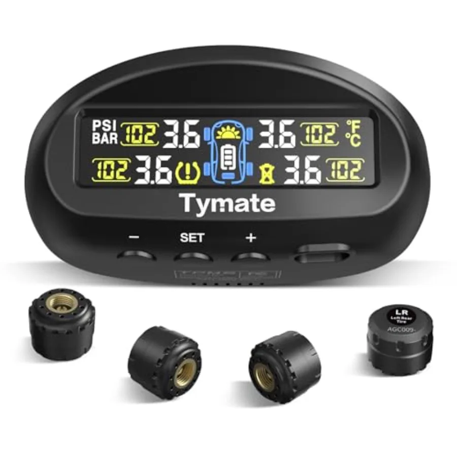 TM9 Tire Pressure Monitoring System Compact Wireless Solar TPMS with 4 External Sensors and 6 Alarm Modes Install on Windshield
TM9 Tire Pressure Monitoring System Compact Wireless Solar TPMS with 4 External Sensors and 6 Alarm Modes Install on Windshield