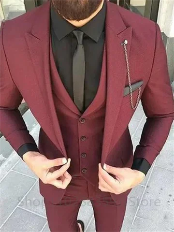 3 Pieces Burgundy Men's Suits Slim Fit Jacket Vest Pants Peak Lapel Wedding Formal Groom Blazer Tuxedos Terno Wear Business