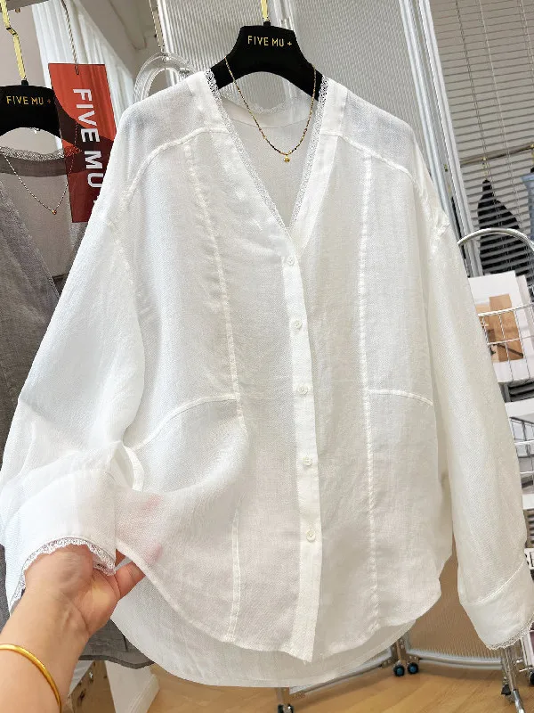 plus Size Women's Lace Trim V-Neck Shirt Casual Thin Spring Summer Retro Hong Kong Style Sun Protection Plain Clothes
plus Size Women's Lace Trim V-Neck Shirt Casual Thin Spring Summer Retro Hong Kong Style Sun Protection Plain Clothes