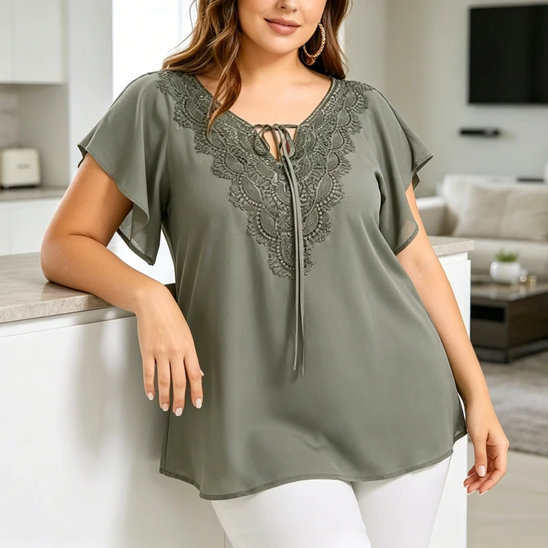 Fashion Plus Size Lace Short Sleeve Blouse Women Sweet Loose Shirt 2026 New Casual Solid Color Embroidered Lace-up Oversize Tops
Fashion Plus Size Lace Short Sleeve Blouse Women Sweet Loose Shirt 2026 New Casual Solid Color Embroidered Lace-up Oversize Tops