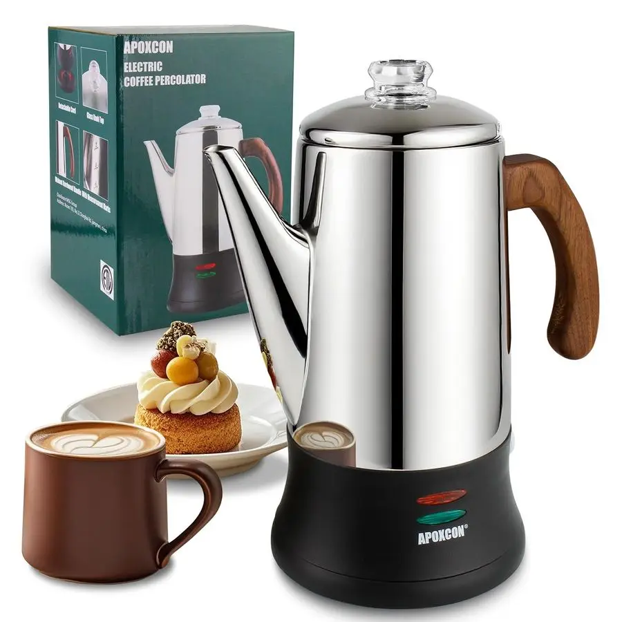 Electric Coffee Percolator Stainless Steel Coffee Pot with Two Tough Glass Clear Brew Progress Knob amp Treated Solid Wood Hand
Electric Coffee Percolator Stainless Steel Coffee Pot with Two Tough Glass Clear Brew Progress Knob amp Treated Solid Wood Hand