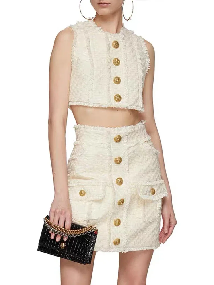 HIGH STREET Newest 2024 Designer Suit Set Women's Sleeveless Fringed Tassel Tweed Tank Top Mini Skirt Set 2pcs
HIGH STREET Newest 2024 Designer Suit Set Women's Sleeveless Fringed Tassel Tweed Tank Top Mini Skirt Set 2pcs