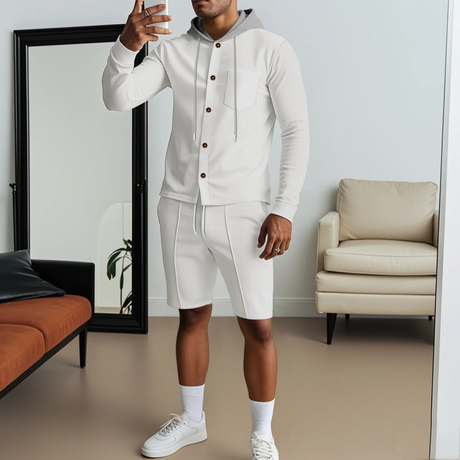 New European and American Waffle men's casual hooded two-tone long-sleeved cardigan jacket and shorts
New European and American Waffle men's casual hooded two-tone long-sleeved cardigan jacket and shorts