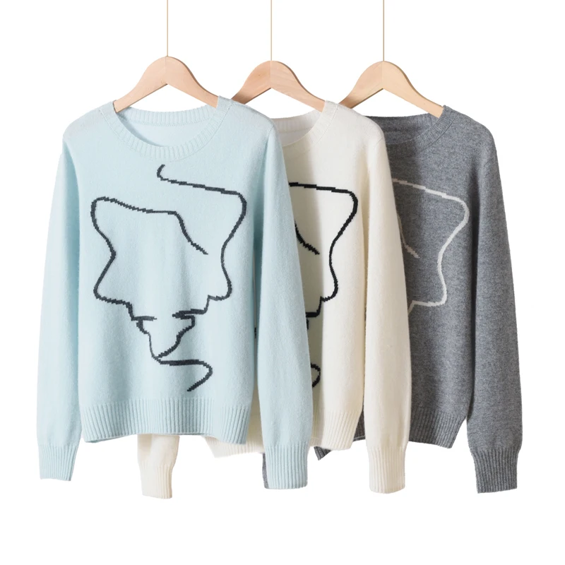 Chic Women 100% Cashmere Sweater Autumn Winter Human face lines O-neck Pullover Cashmere Knitwear Soft Warm Female Sweater Top
Chic Women 100% Cashmere Sweater Autumn Winter Human face lines O-neck Pullover Cashmere Knitwear Soft Warm Female Sweater Top