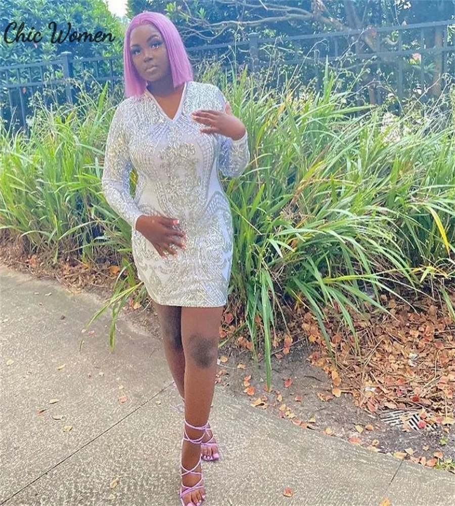 Custom Plus Size Sequin Prom Dress Sexy V Neck Silver Short Evening Dress Long Sleeve Black Girls Homecoming Cocktail Party Wear
Custom Plus Size Sequin Prom Dress Sexy V Neck Silver Short Evening Dress Long Sleeve Black Girls Homecoming Cocktail Party Wear