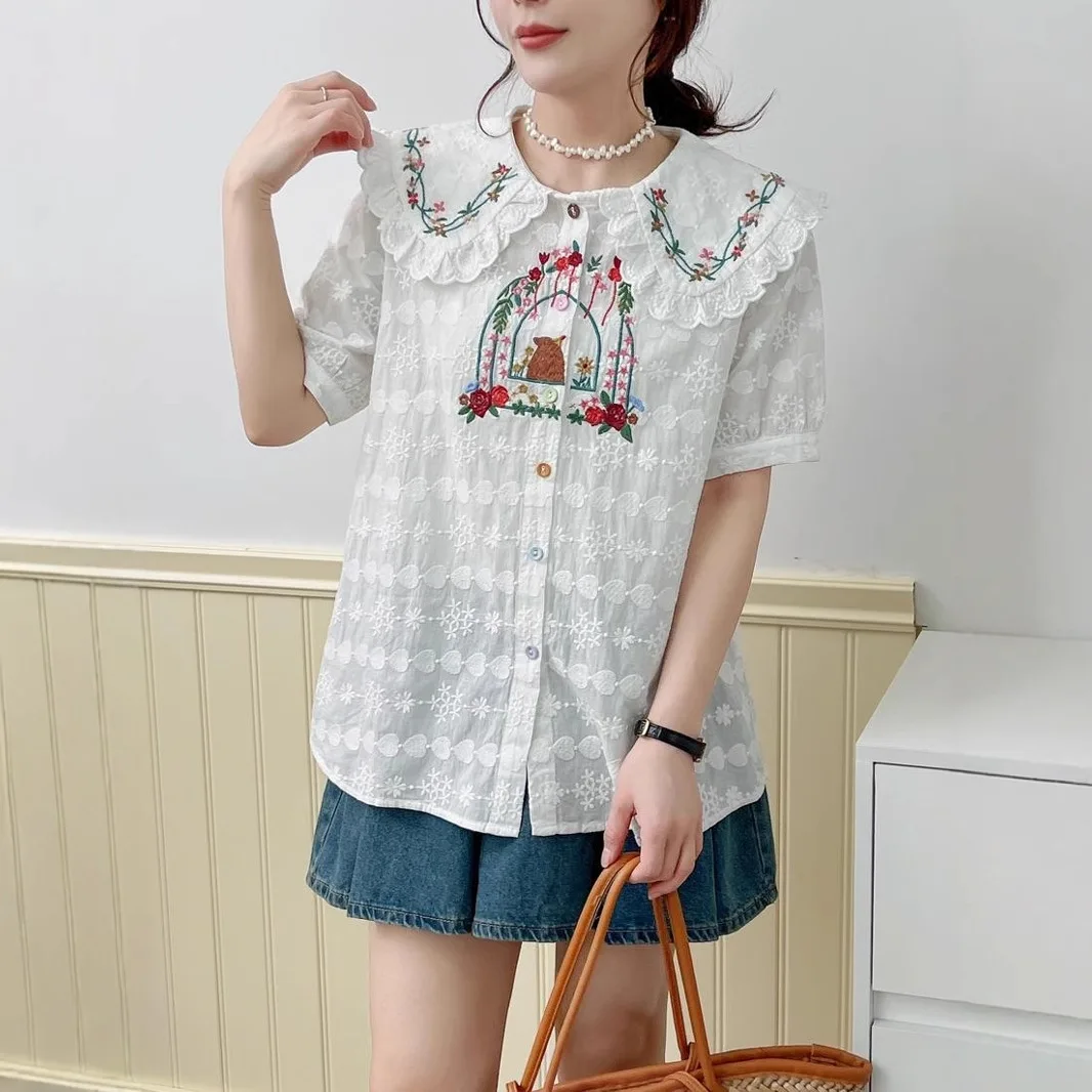 Japanese Sweet Mori Girl Cartoon Flower Embroidery Cotton Shirts Women Summer Cute Peter Pan Collar Short Sleeve Casual Blouse
Japanese Sweet Mori Girl Cartoon Flower Embroidery Cotton Shirts Women Summer Cute Peter Pan Collar Short Sleeve Casual Blouse