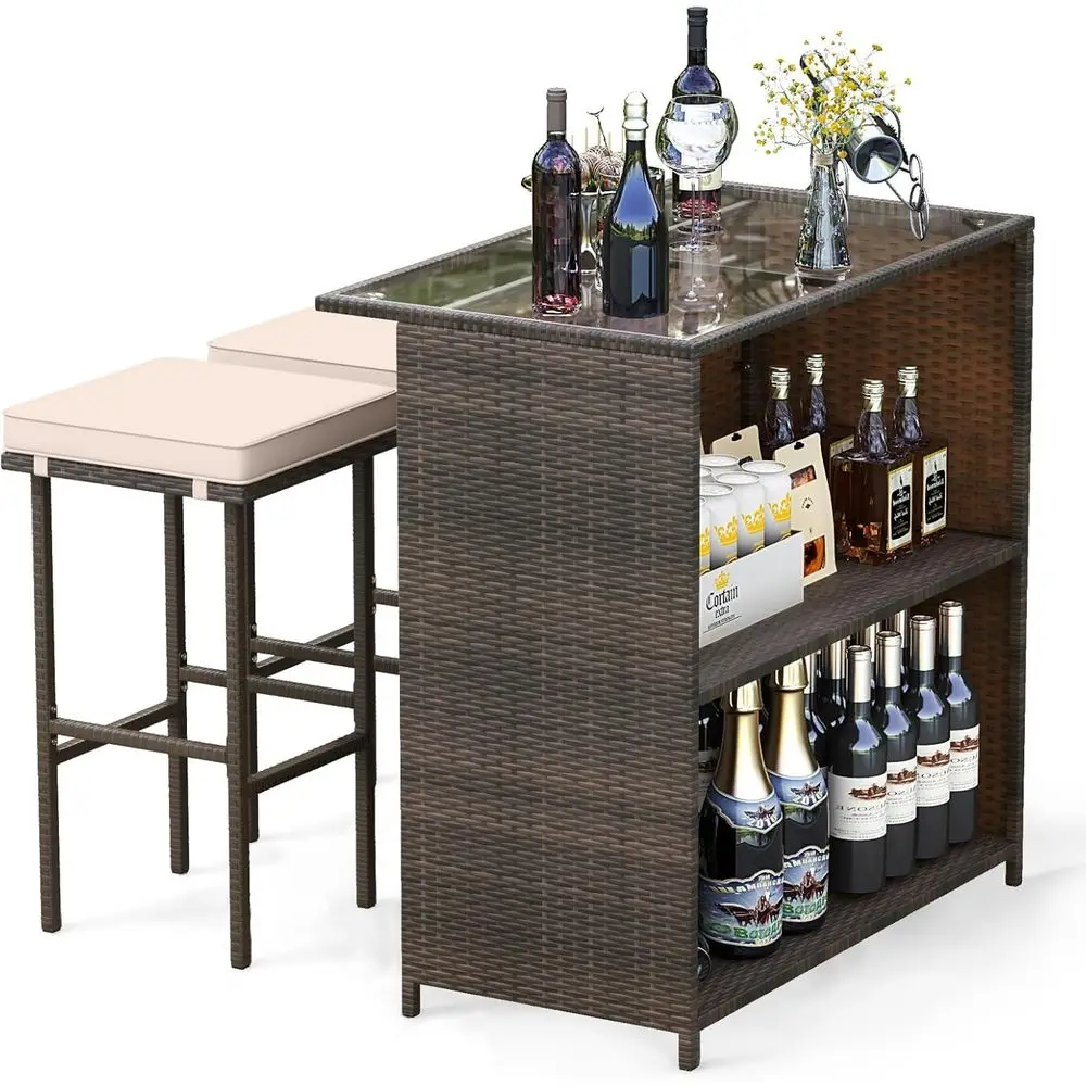 3 Piece Patio Bar Set, Outdoor Rattan Bar Table and 2 Stools with Tempered Glass Tabletop, 2-Tier Storage, Removable Cushions, O
3 Piece Patio Bar Set, Outdoor Rattan Bar Table and 2 Stools with Tempered Glass Tabletop, 2-Tier Storage, Removable Cushions, O