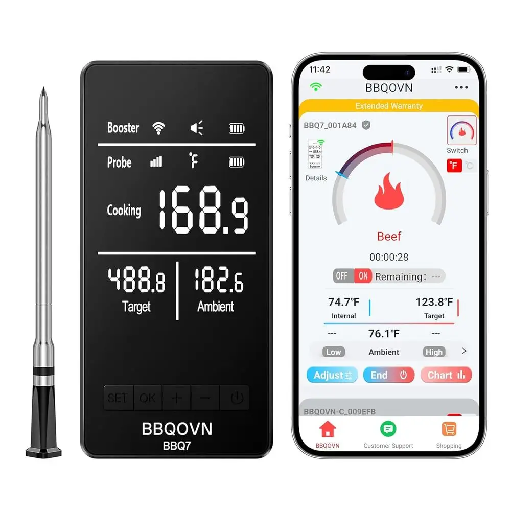 Wireless 7-Sensor Meat Thermometer with Sub-1G Range, LED Display Base, IP68 Waterproof, Compatible with APP Remote for BBQ, Gri
Wireless 7-Sensor Meat Thermometer with Sub-1G Range, LED Display Base, IP68 Waterproof, Compatible with APP Remote for BBQ, Gri