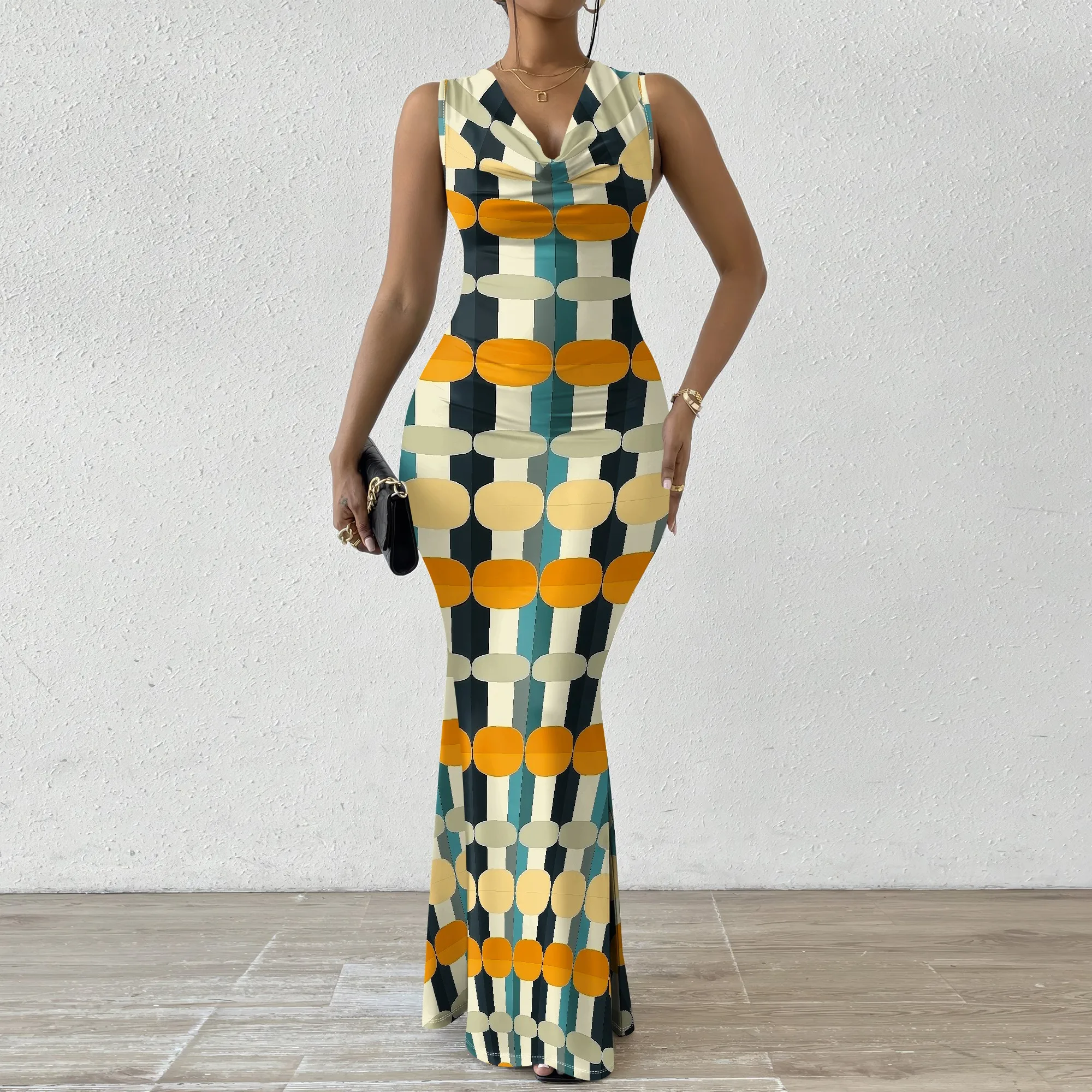 Plus Size Retro Geometric Print Maxi Dress XS-2XL V-Neck Sleeveless Bodycon Dress for Art Party or Mid-Century Fashion Look
Plus Size Retro Geometric Print Maxi Dress XS-2XL V-Neck Sleeveless Bodycon Dress for Art Party or Mid-Century Fashion Look