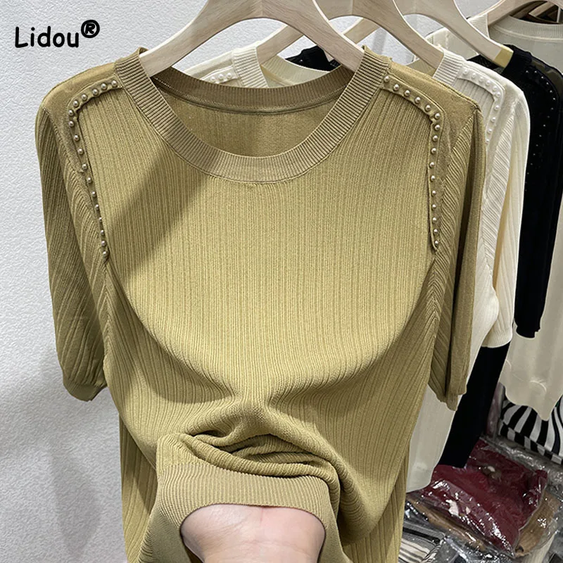 Fashion Beading Spliced Short Sleeve T-shirt Female Summer Casual Commute Round Neck Solid Knitted Thin Tops Women's Clothing
Fashion Beading Spliced Short Sleeve T-shirt Female Summer Casual Commute Round Neck Solid Knitted Thin Tops Women's Clothing