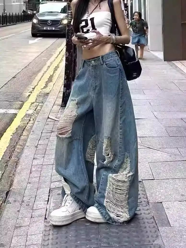 Hollow Out Jeans Women's 2026 Summer Vintage Washed Blue Ripped High Waist Wide Leg Jeans Street Style Baggy Loose Denim Trouser
Hollow Out Jeans Women's 2026 Summer Vintage Washed Blue Ripped High Waist Wide Leg Jeans Street Style Baggy Loose Denim Trouser
