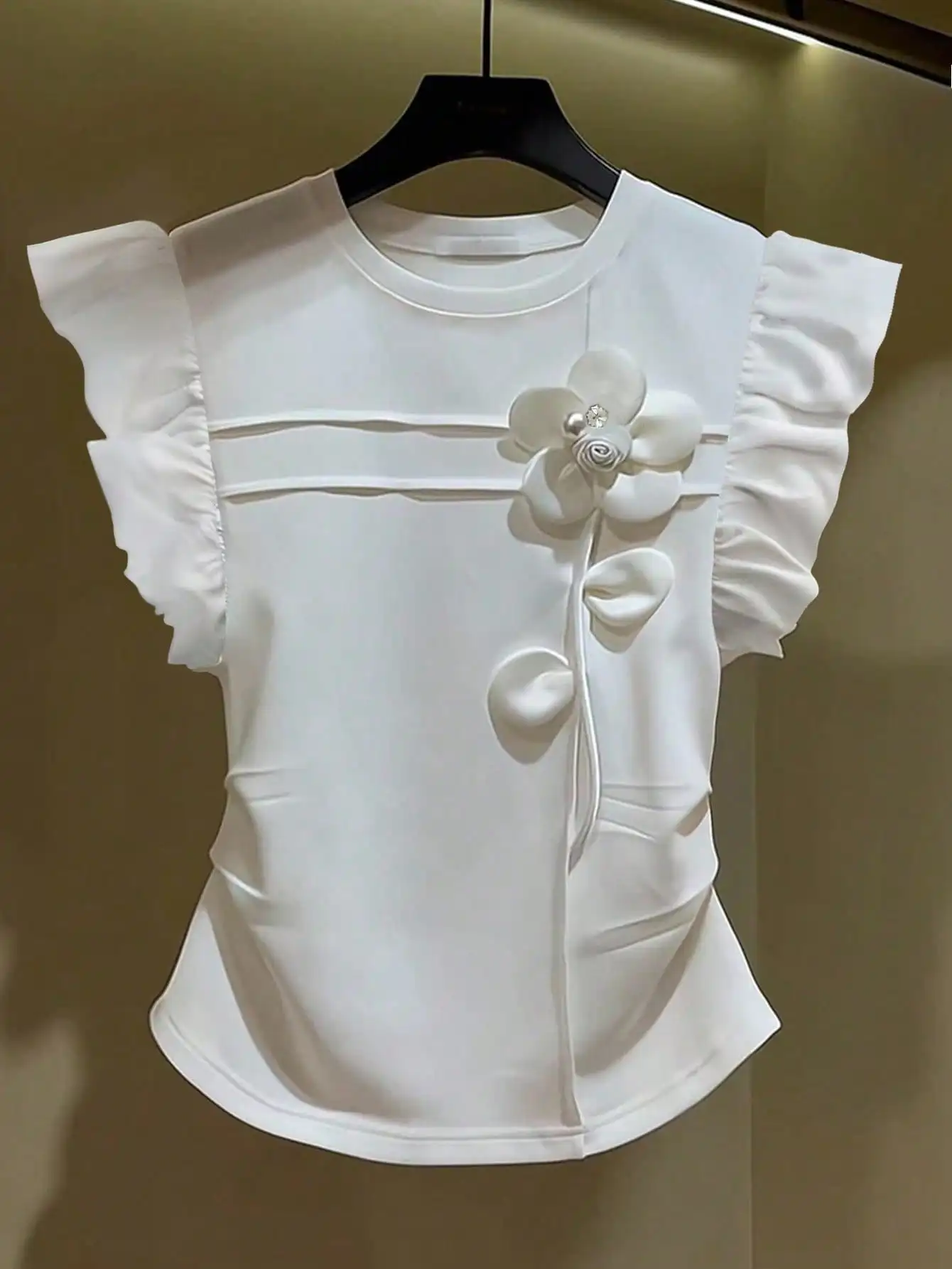 White 3D Flower Ruffle Sleeve T-Shirt for Women, Casual Spring Summer Top
White 3D Flower Ruffle Sleeve T-Shirt for Women, Casual Spring Summer Top