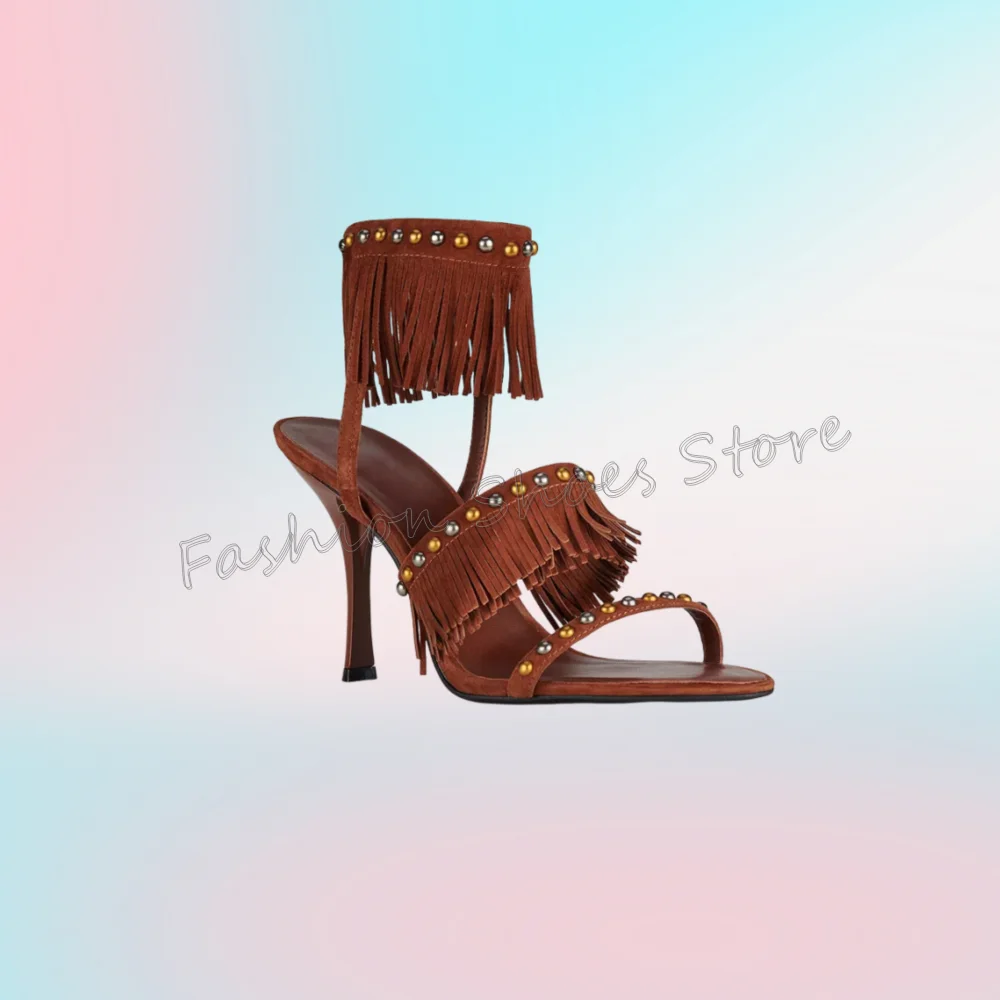 Colorful Rivets Tassels Decor Brown Sandals Open Toe Women Shoes Thin High Heels Party Banquet Dating 2025 Zapatos Para Mujere 
Colorful Rivets Tassels Decor Brown Sandals Open Toe Women Shoes Thin High Heels Party Banquet Dating 2025 Zapatos Para Mujere