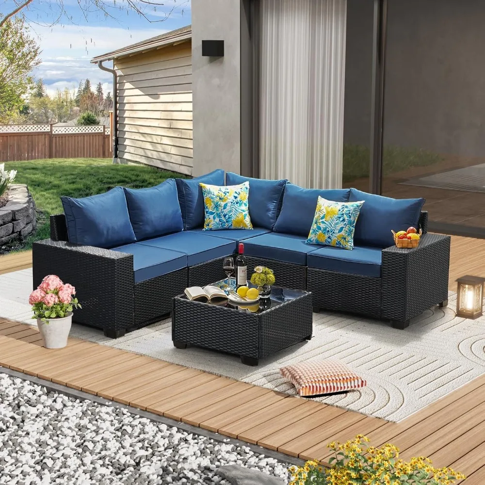 6 Pieces, Conversation Sofa Rattan Patio Seating Sofa with Cushion and Glass Table for Porch Poolside, Garden Furniture Sets
6 Pieces, Conversation Sofa Rattan Patio Seating Sofa with Cushion and Glass Table for Porch Poolside, Garden Furniture Sets